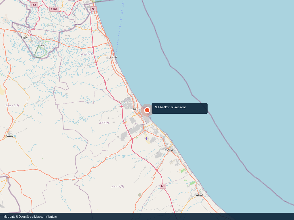 Map showing SOHAR Port and Freezone on the Gulf of Oman